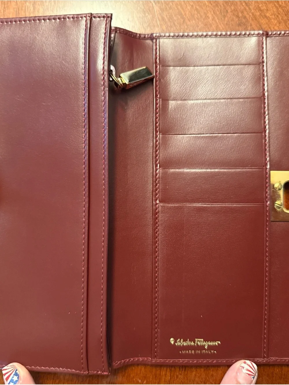 Salvatore Ferragamo Burgundy Leather Wallet with Gold Hardware